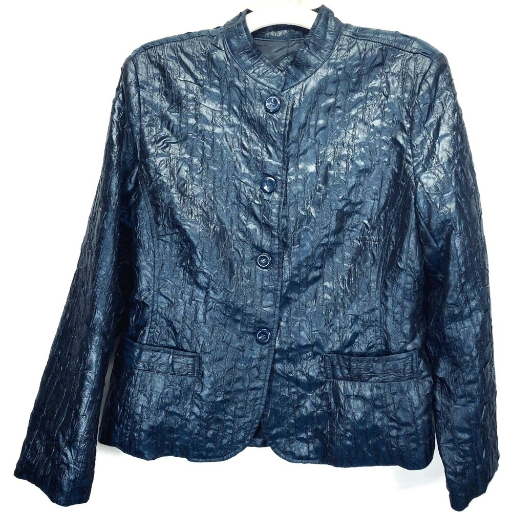 Erm London Womens size L Button Up Blue Reflective Textured Lined Jacket RN78902